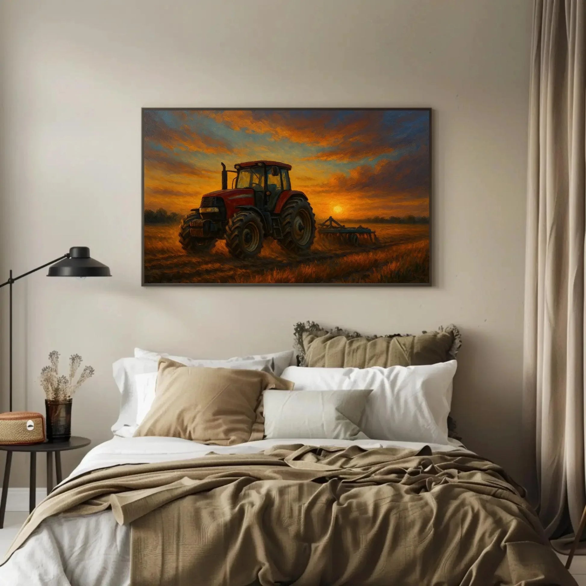 Red Tractor at Sunset in Rural Farm Field – Rustic Country Landscape Canvas Wall Art – Farming Painting for Modern Barn or Home Decor Wall Art – Canvas Print