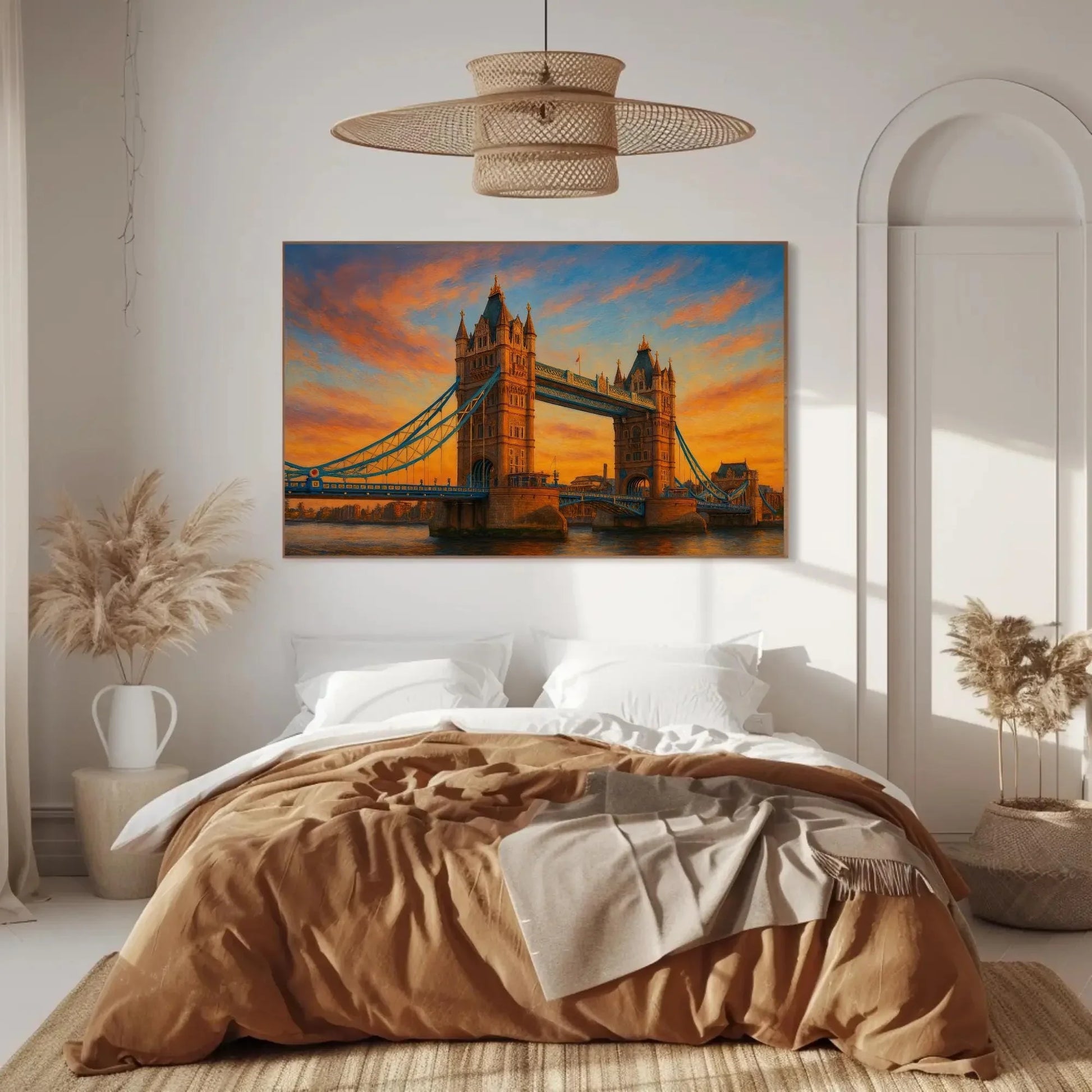 Tower Bridge London Canvas Print – UK Sunset Landscape Painting – Iconic Landmark Cityscape Wall Art for Modern Home Decor Wall Art – Canvas Print