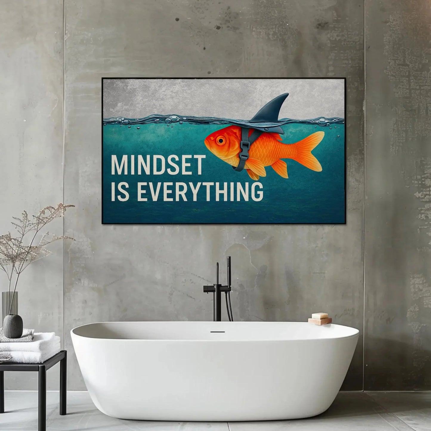 Mindset Is Everything Canvas Print, Extra Large Motivational Blue Goldfish with Shark Fin Wall Art, Inspirational Decor for Office, Gym Wall Art – Canvas Print