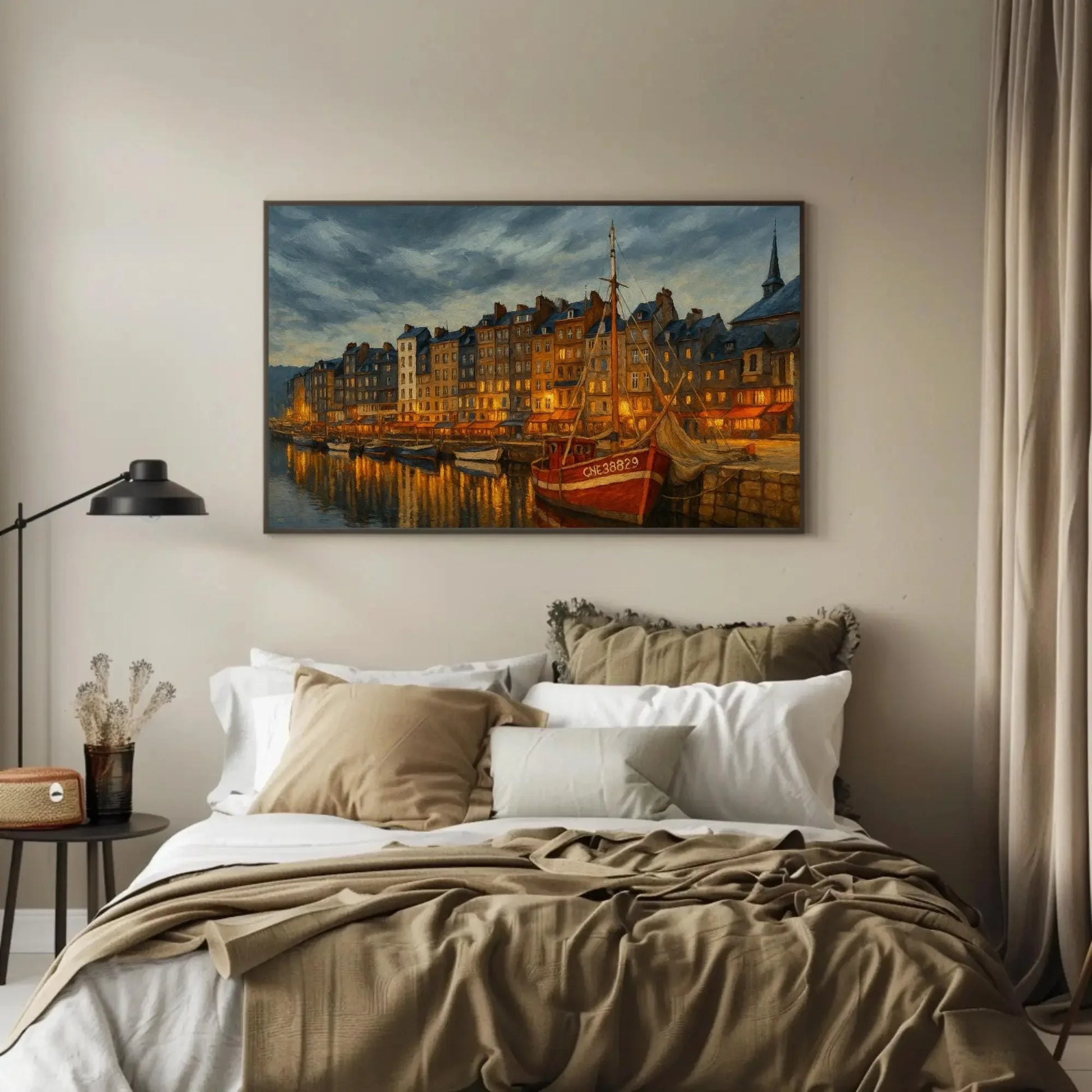 Honfleur France Harbor at Twilight Canvas Print Red Boat Seaside Town Wall Art for Coastal Decor and European Travel Gift Wall Art – Canvas Print
