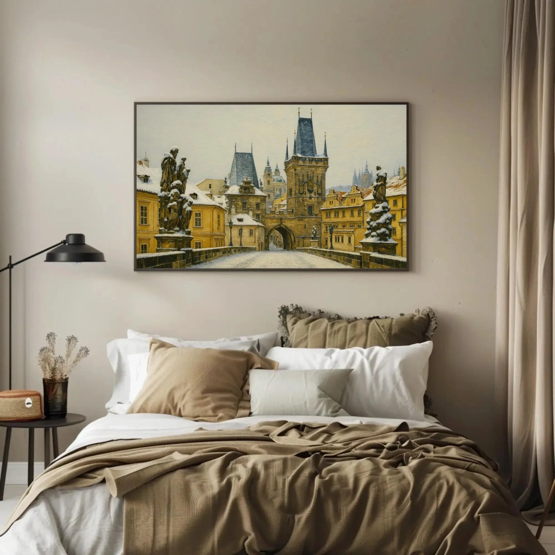 Charles Bridge Prague Winter Canvas Painting Print Czech Cityscape Wall Art Snowy Gothic Architecture Artwork for Living Room Decor Wall Art – Canvas Print