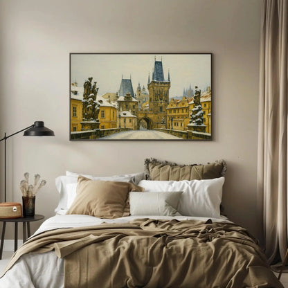 Charles Bridge Prague Winter Canvas Painting Print Czech Cityscape Wall Art Snowy Gothic Architecture Artwork for Living Room Decor Wall Art – Canvas Print