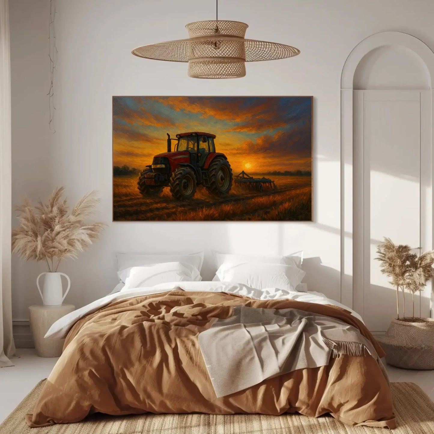 Red Tractor at Sunset in Rural Farm Field – Rustic Country Landscape Canvas Wall Art – Farming Painting for Modern Barn or Home Decor Wall Art – Canvas Print