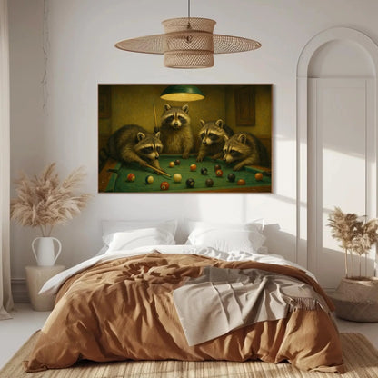 Raccoon Family Playing Pool Canvas Print Cute Animal Painting of Raccoons at Billiards Table Funny Wall Art for Bar Lounge or Cabin Wall Art – Canvas Print