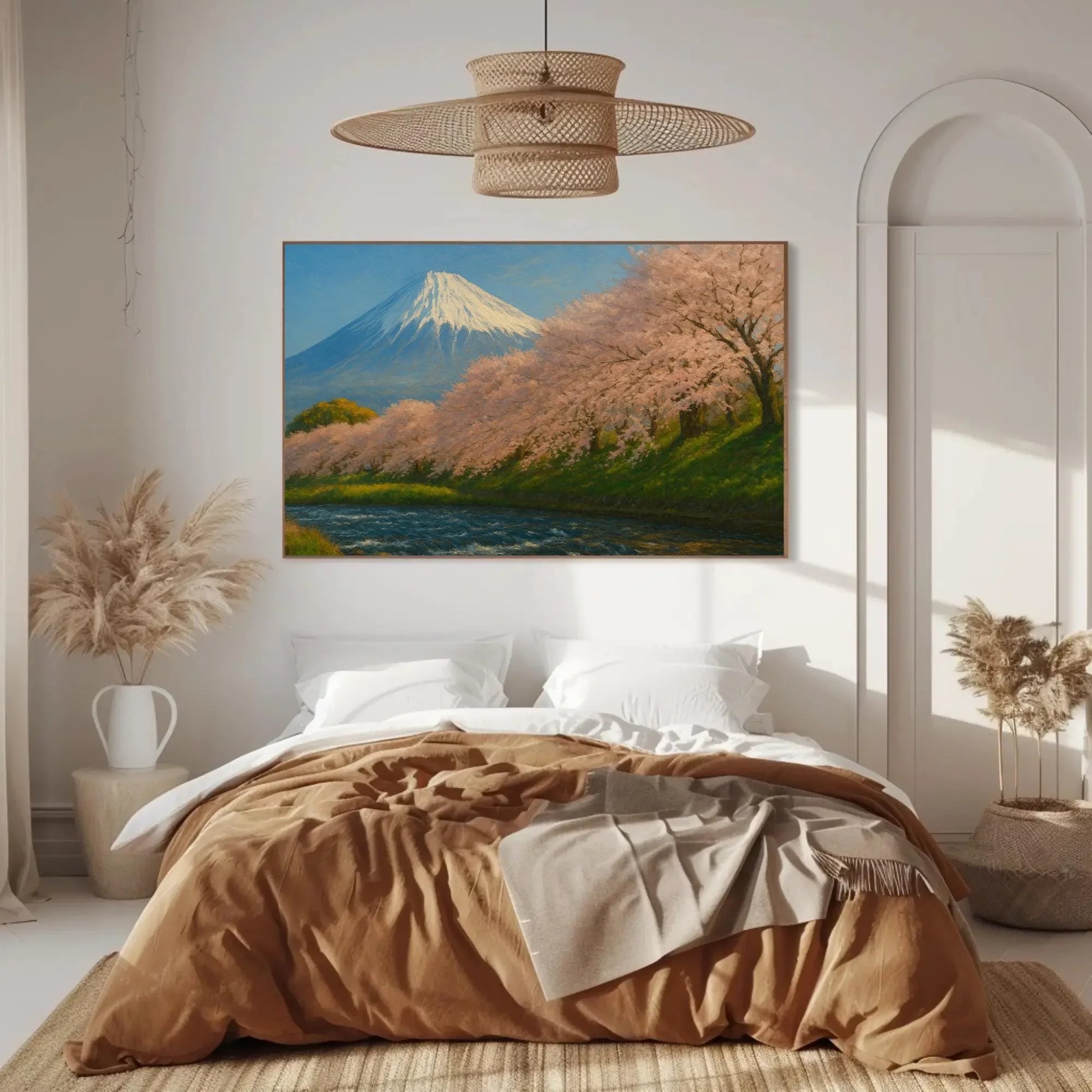 Mount Fuji and Cherry Blossom Wall Art Canvas Print with Spring Sakura Trees and Flowing River in Serene Japanese Landscape Painting Wall Art – Canvas Print