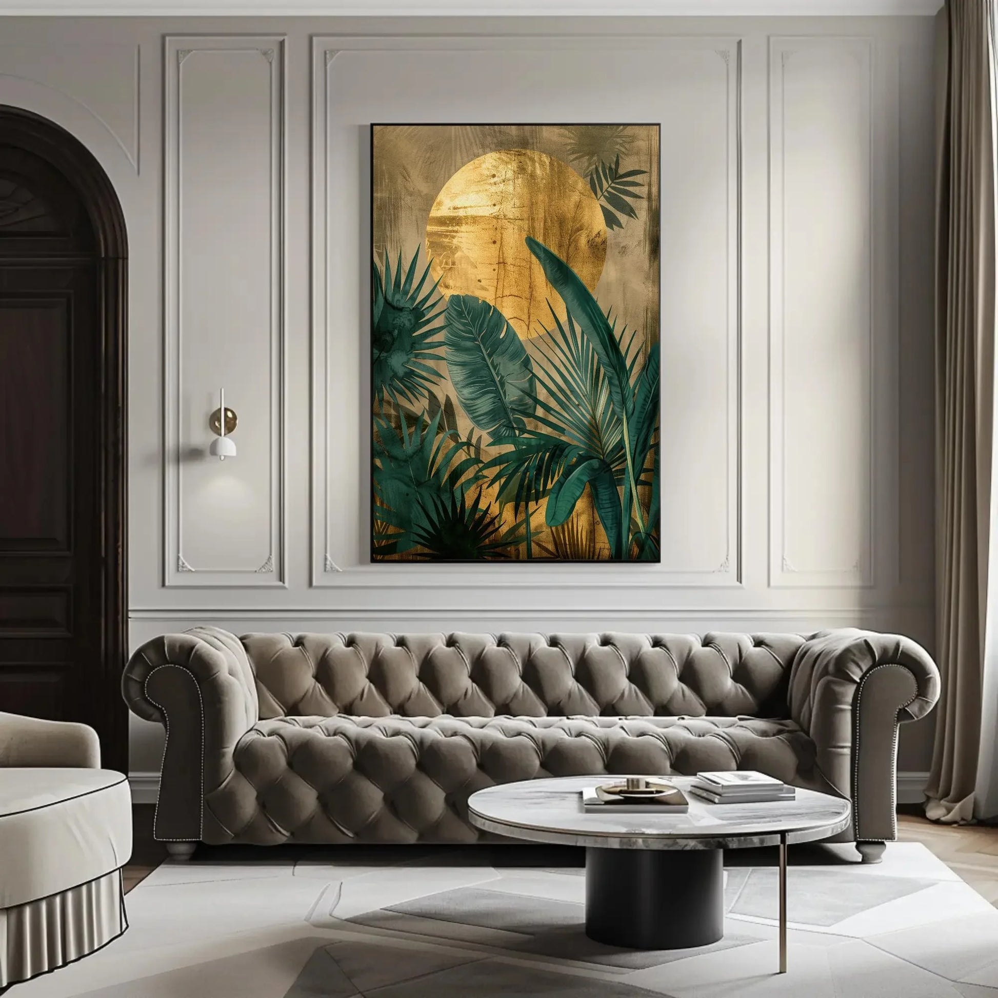 Golden Sun and Tropical Plants Wall Art | Green and Gold Jungle Canvas Print | Tropical Nature Wall Decor | Large Botanical Forest Art Wall Art – Canvas Print