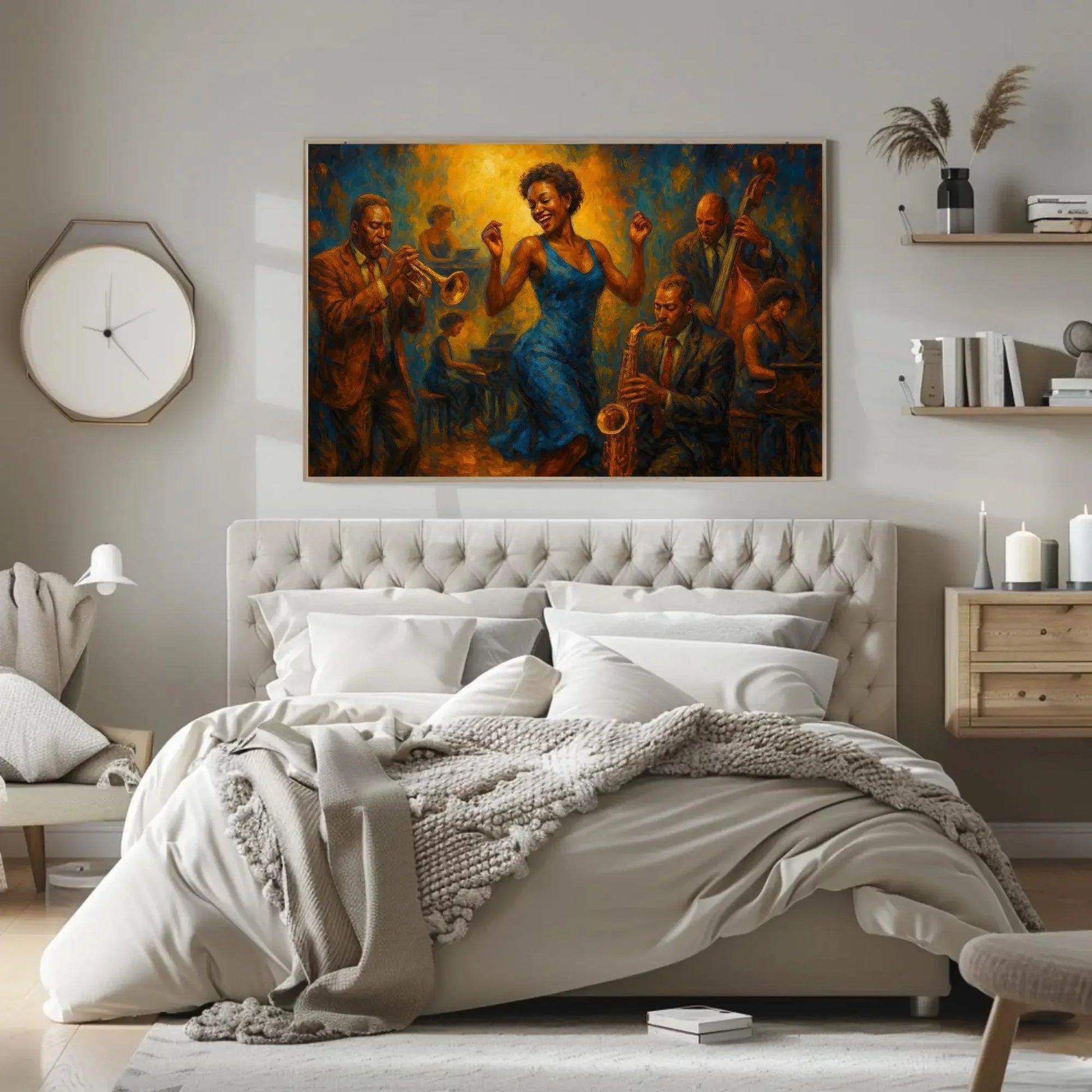 Joyful Jazz Dance Party Canvas Print, Vibrant Musicians and Dancer Painting, Energetic Blues Jazz Wall Art, Colorful Celebration Home Decor Wall Art – Canvas Print