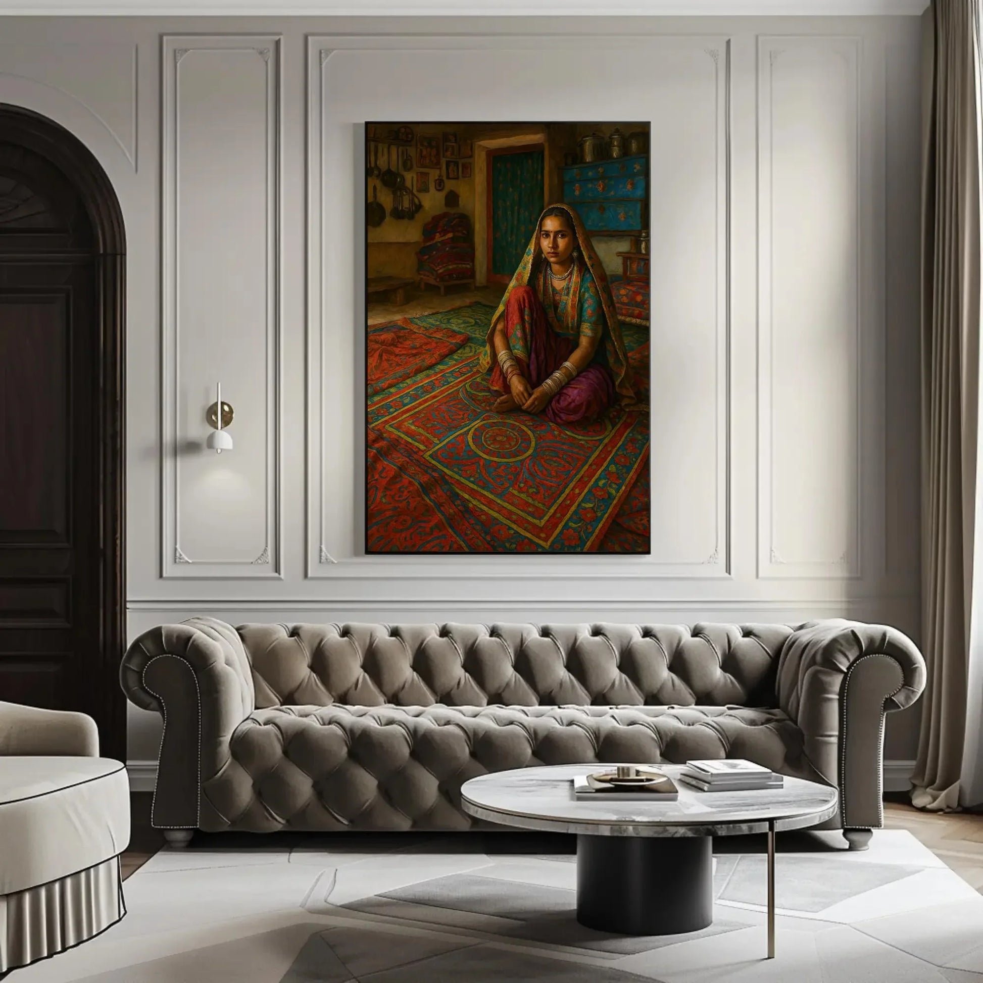 Traditional Gujarati Woman in Vibrant Rural Home Interior Sitting on Red Blue Rug Canvas Painting Cultural Wall Art Print Wall Art – Canvas Print