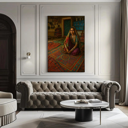 Traditional Gujarati Woman in Vibrant Rural Home Interior Sitting on Red Blue Rug Canvas Painting Cultural Wall Art Print Wall Art – Canvas Print