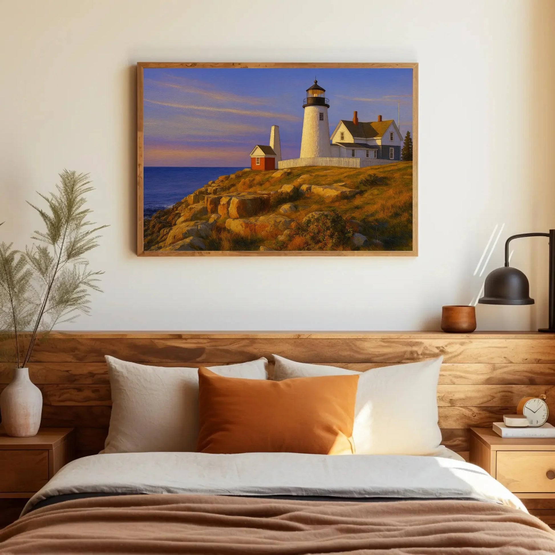 Maine lighthouse canvas wall art print coastal cliff sunset painting for beach house decor living room or nautical themed interiors Wall Art – Canvas Print