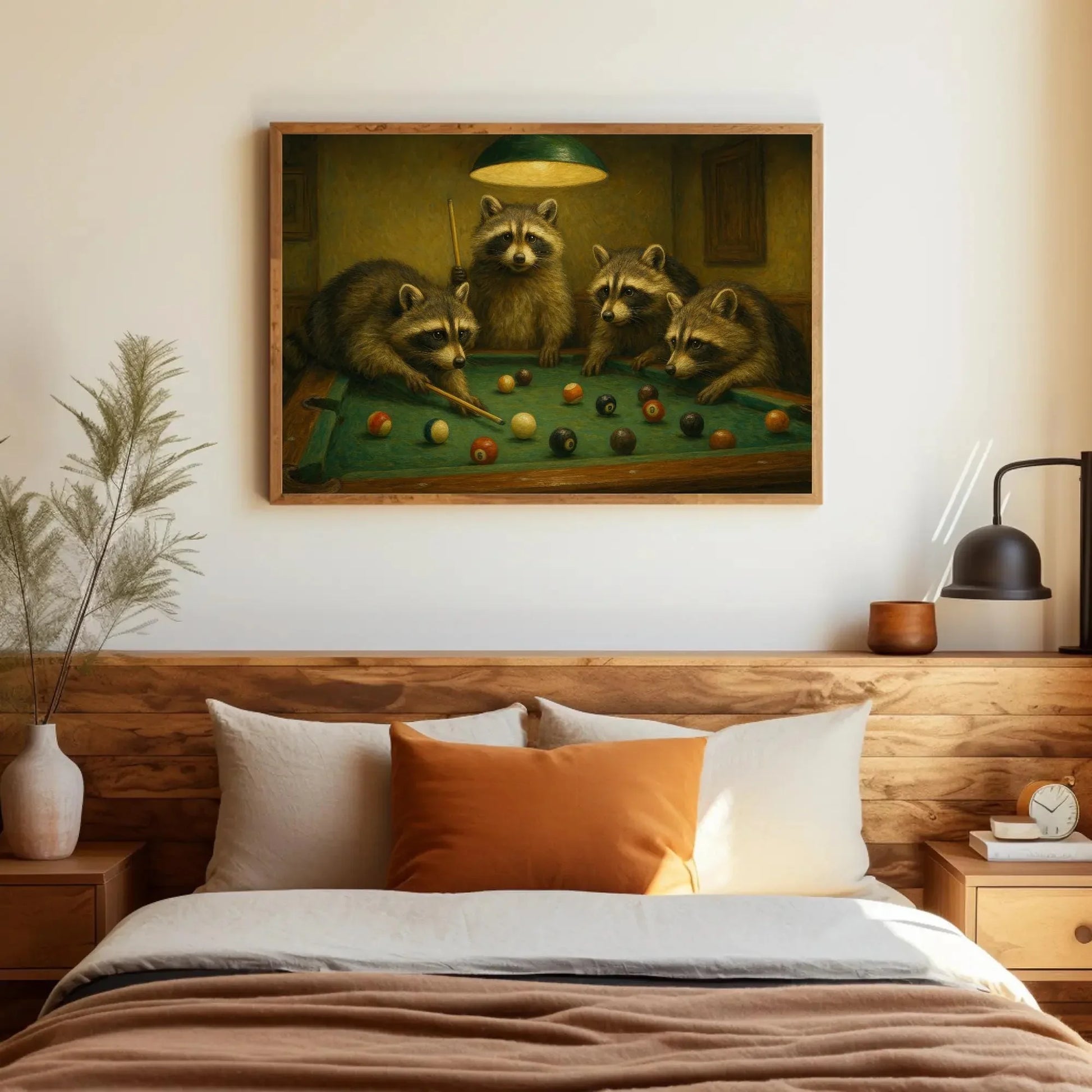 Raccoon Family Playing Pool Canvas Print Cute Animal Painting of Raccoons at Billiards Table Funny Wall Art for Bar Lounge or Cabin Wall Art – Canvas Print