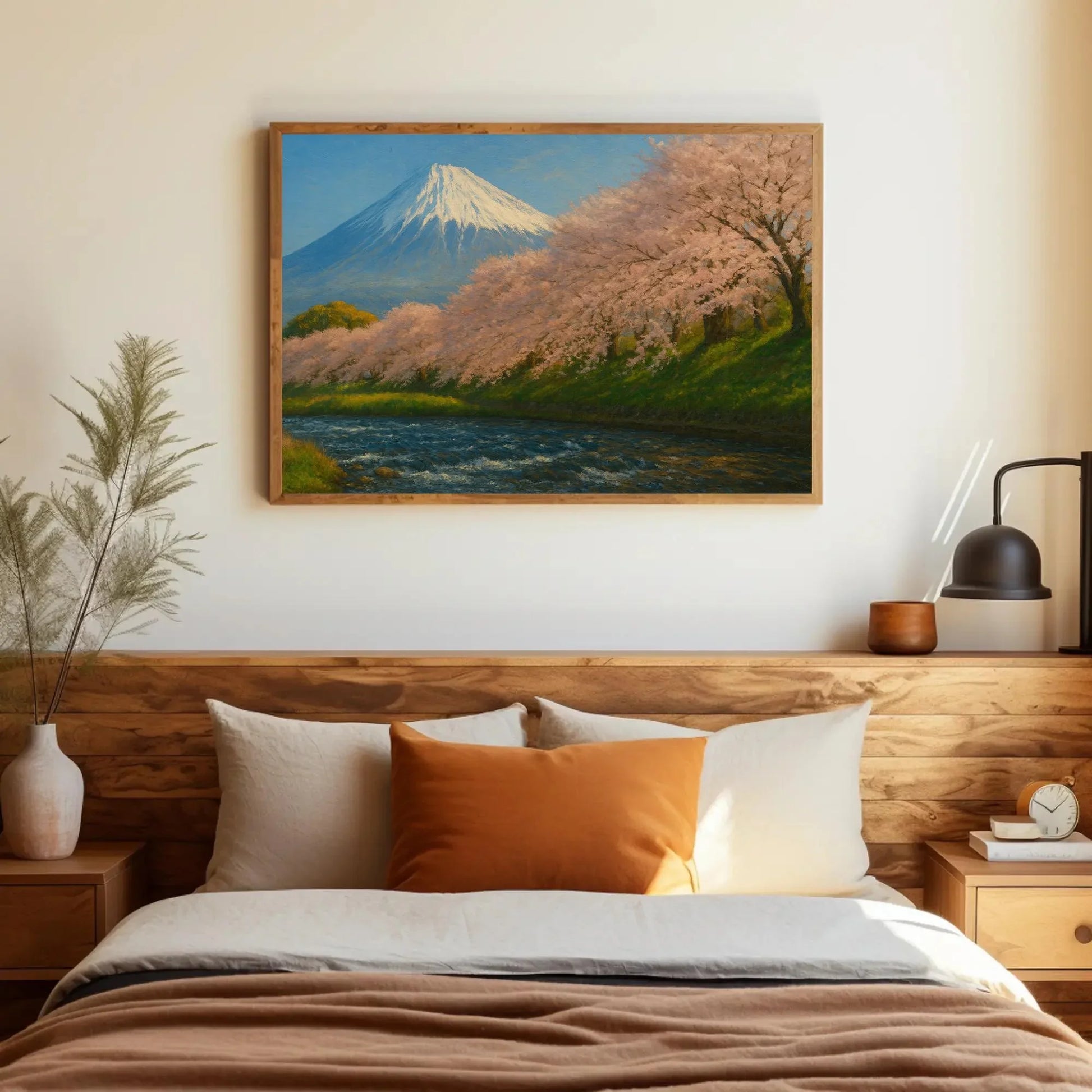 Mount Fuji and Cherry Blossom Wall Art Canvas Print with Spring Sakura Trees and Flowing River in Serene Japanese Landscape Painting Wall Art – Canvas Print