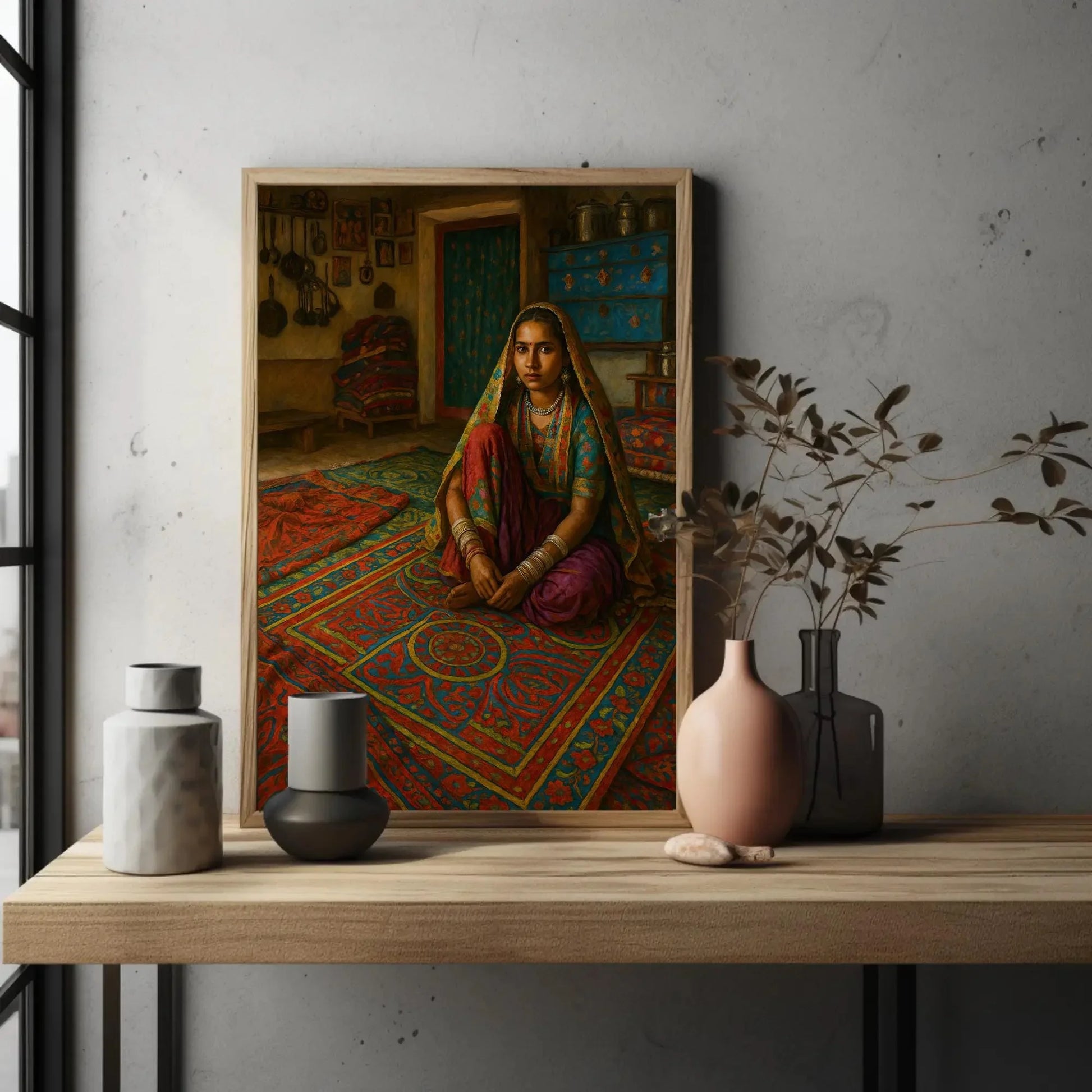Traditional Gujarati Woman in Vibrant Rural Home Interior Sitting on Red Blue Rug Canvas Painting Cultural Wall Art Print Wall Art – Canvas Print