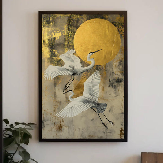 Two Herons Golden Moon Sky Canvas Print, Extra Large Elegant Bird Wall Art, Painting for Japandi, Boho, or Nature Bedroom or Living Room Wall Art – Canvas Print