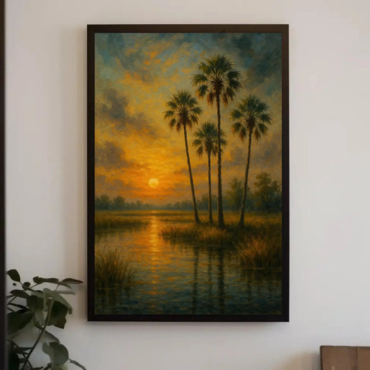Tropical palm tree sunset canvas painting wall art for beach house or calming bedroom decor with golden marsh and glowing water print Wall Art – Canvas Print