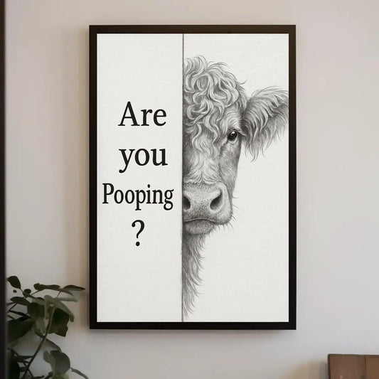 Funny cow bathroom canvas wall art print for farmhouse toilet decor or rustic powder room with are you pooping quote and sketch Wall Art – Canvas Print