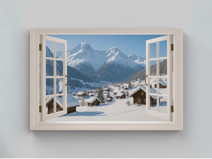 Alpine winter village canvas wall art print with snowy cabin view and open window frame for cozy mountain home or rustic lodge decor Wall Art – Canvas Print