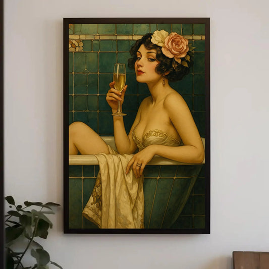 Vintage woman bathtub canvas painting wall art for bathroom or glam dressing room decor with champagne glass and floral headpiece print Wall Art – Canvas Print