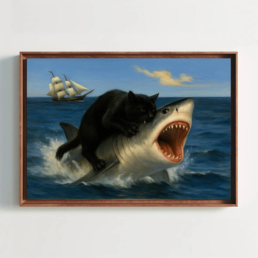 Black cat riding shark canvas wall art print for funny surreal decor or nautical animal lovers with pirate ship and ocean creature chaos Wall Art – Canvas Print