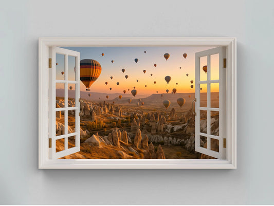 Cappadocia hot air balloon open window view canvas wall art print for travel lovers or warm neutral decor inspired by Turkish skies Wall Art – Canvas Print