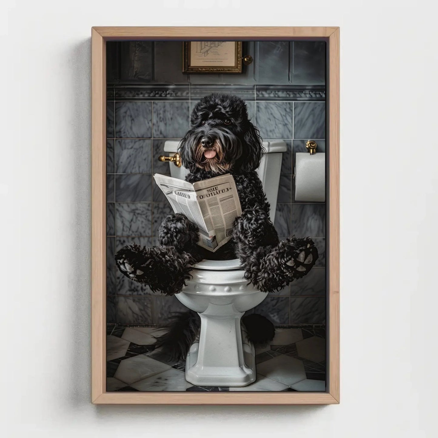 Black doodle dog sitting on toilet reading newspaper canvas print, toilet humor, bathroom art, anniversary gift, restroom decor, funny gift Wall Art – Canvas Print