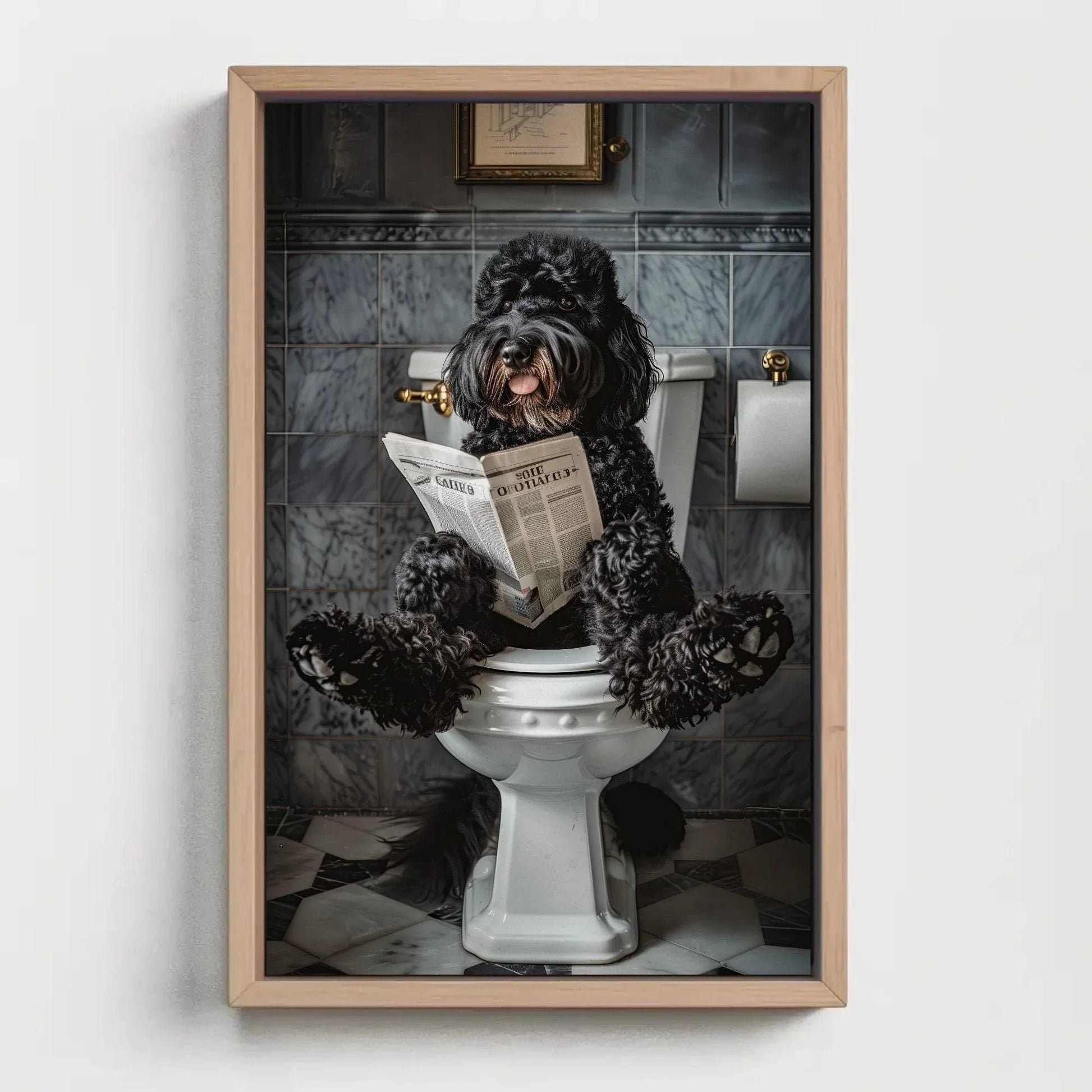 Black doodle dog sitting on toilet reading newspaper canvas print, toilet humor, bathroom art, anniversary gift, restroom decor, funny gift Wall Art – Canvas Print
