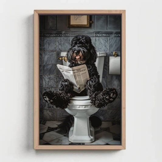 Black doodle dog sitting on toilet reading newspaper canvas print, toilet humor, bathroom art, anniversary gift, restroom decor, funny gift Wall Art – Canvas Print