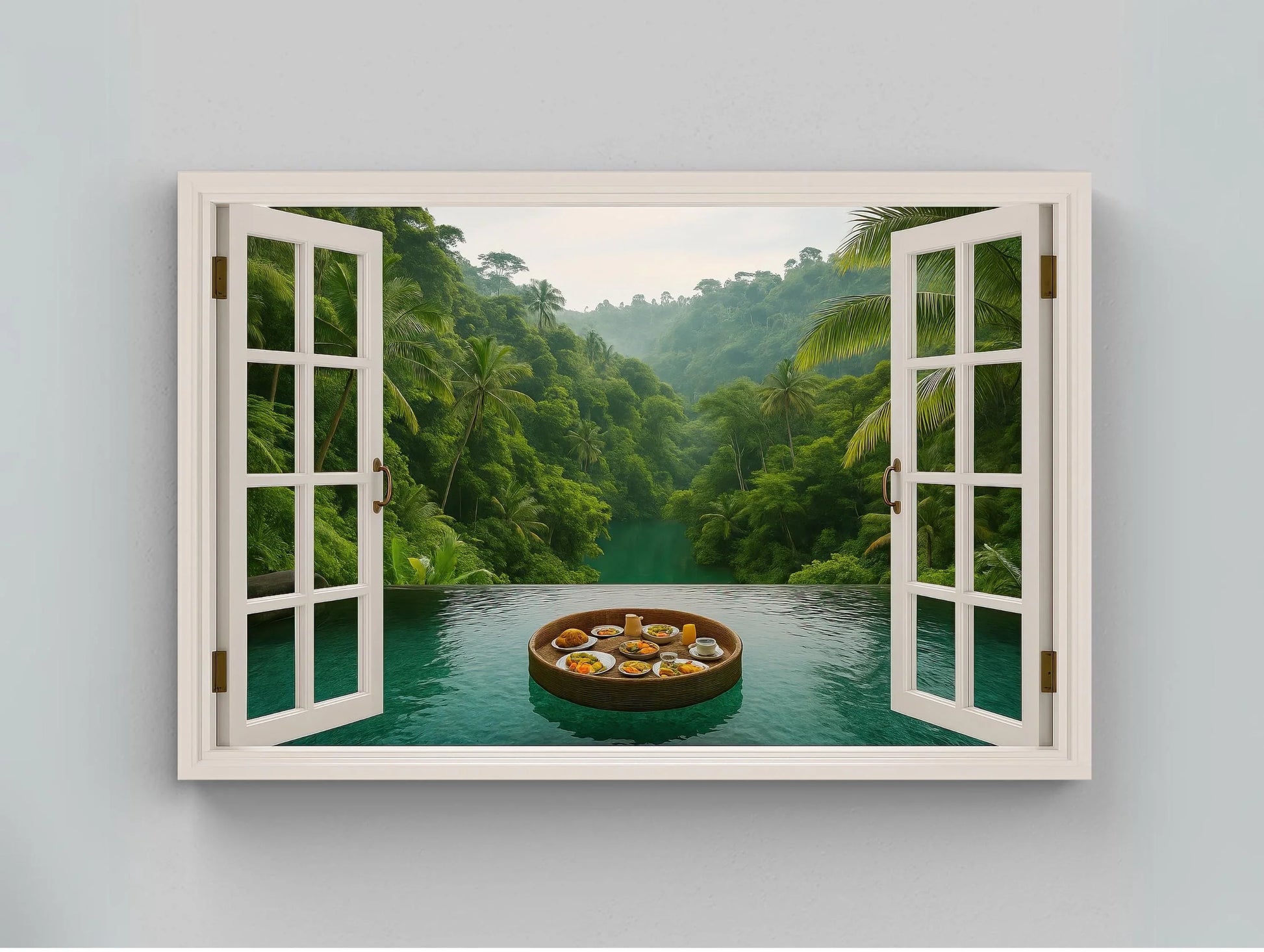 Jungle infinity pool canvas wall art print with open window view of tropical rainforest and floating breakfast tray for spa or exotic decor Wall Art – Canvas Print