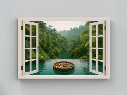 Jungle infinity pool canvas wall art print with open window view of tropical rainforest and floating breakfast tray for spa or exotic decor Wall Art – Canvas Print