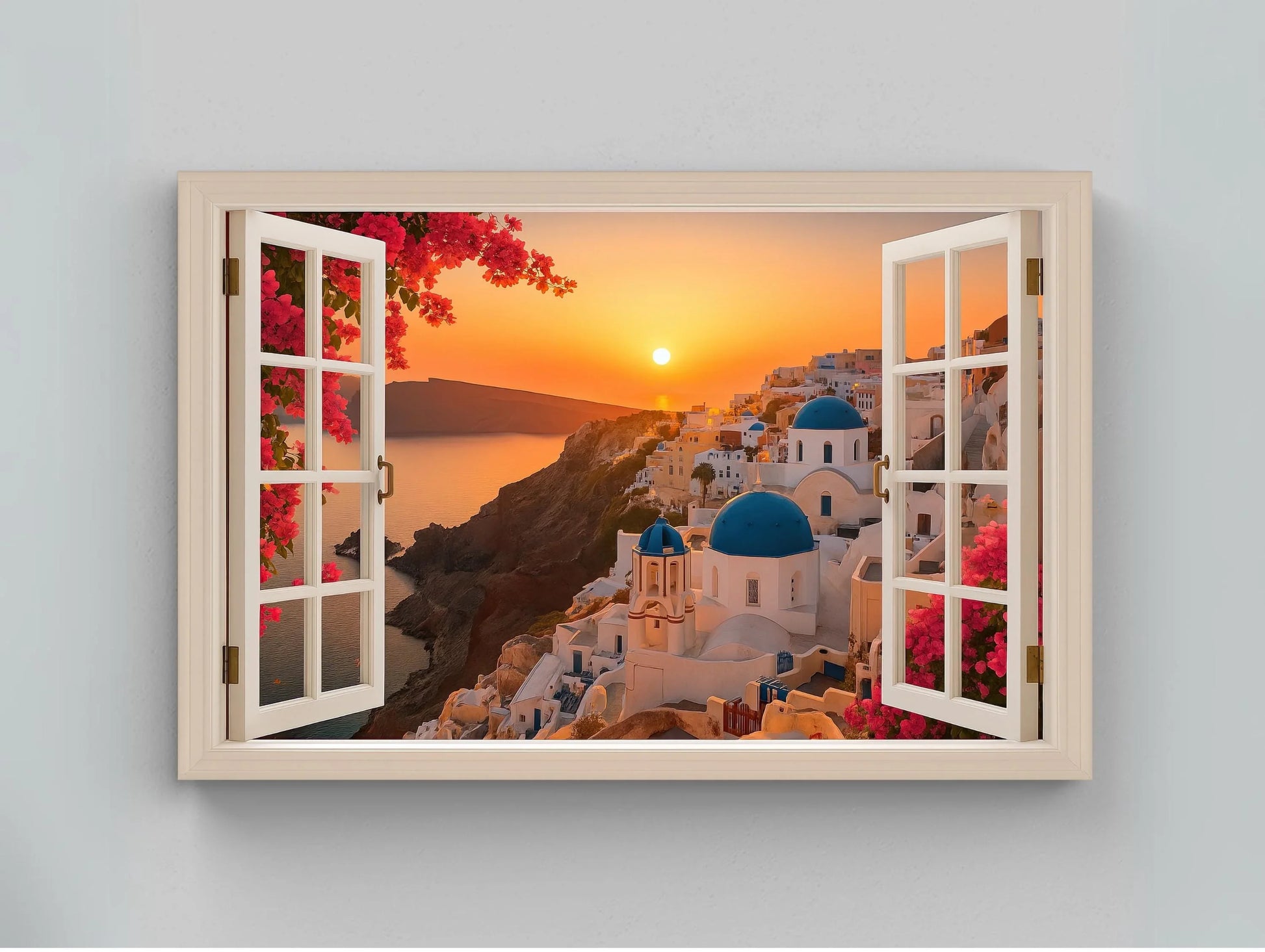 Santorini sunset open window view canvas wall art print of Greek domes and sea for romantic travel inspired decor or coastal room design Wall Art – Canvas Print