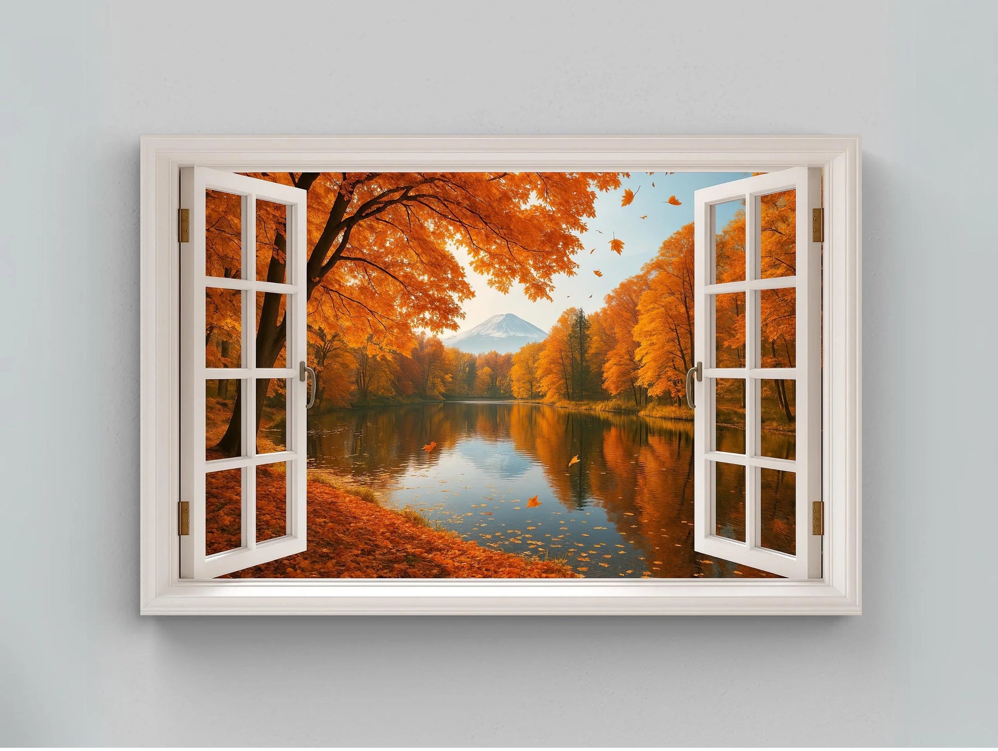 Mount Fuji autumn lake open window view canvas wall art print for seasonal Japanese decor and fall landscape nature lovers room Wall Art – Canvas Print