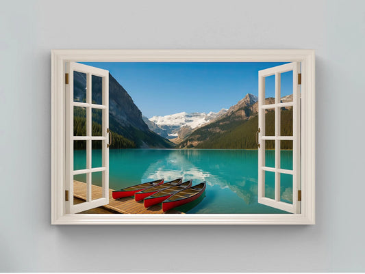 Canadian lake mountain canvas wall art print with red canoes and turquoise water through open window view for cabin or lodge room decor Wall Art – Canvas Print