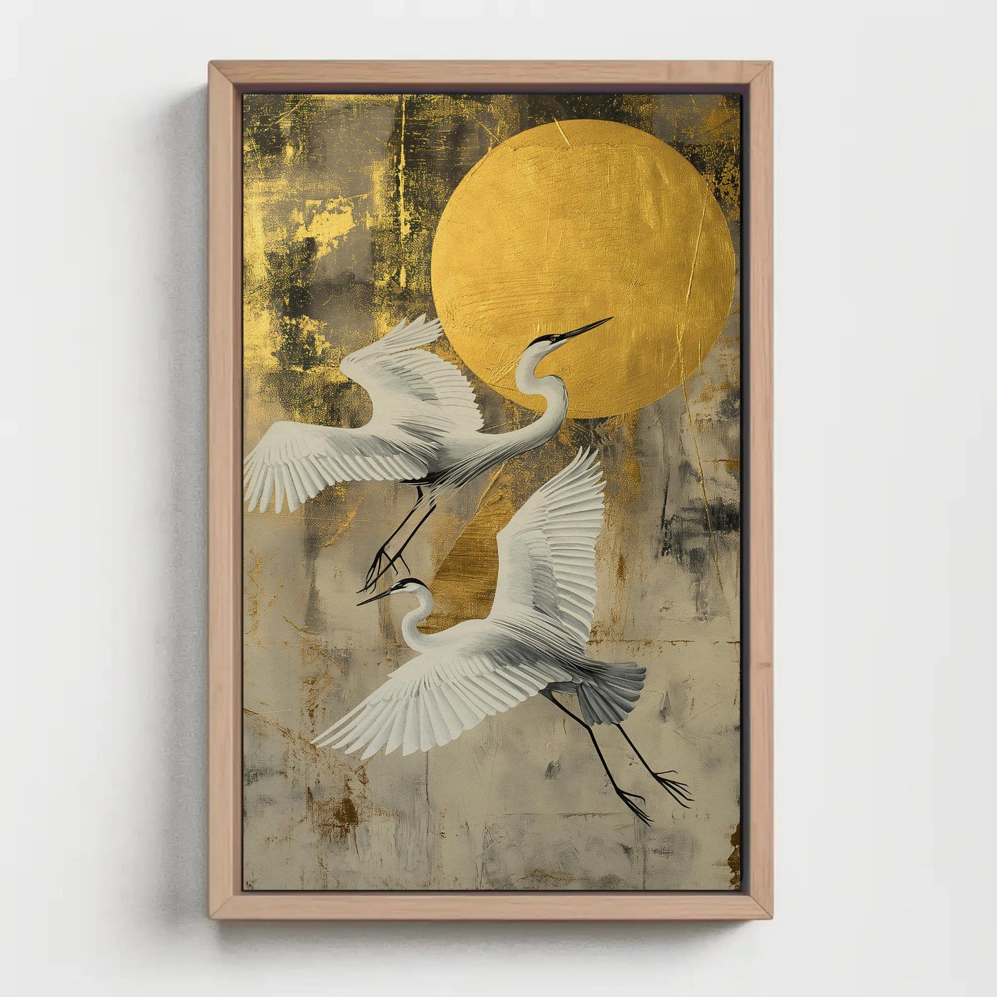 Two Herons Golden Moon Sky Canvas Print, Extra Large Elegant Bird Wall Art, Painting for Japandi, Boho, or Nature Bedroom or Living Room Wall Art – Canvas Print