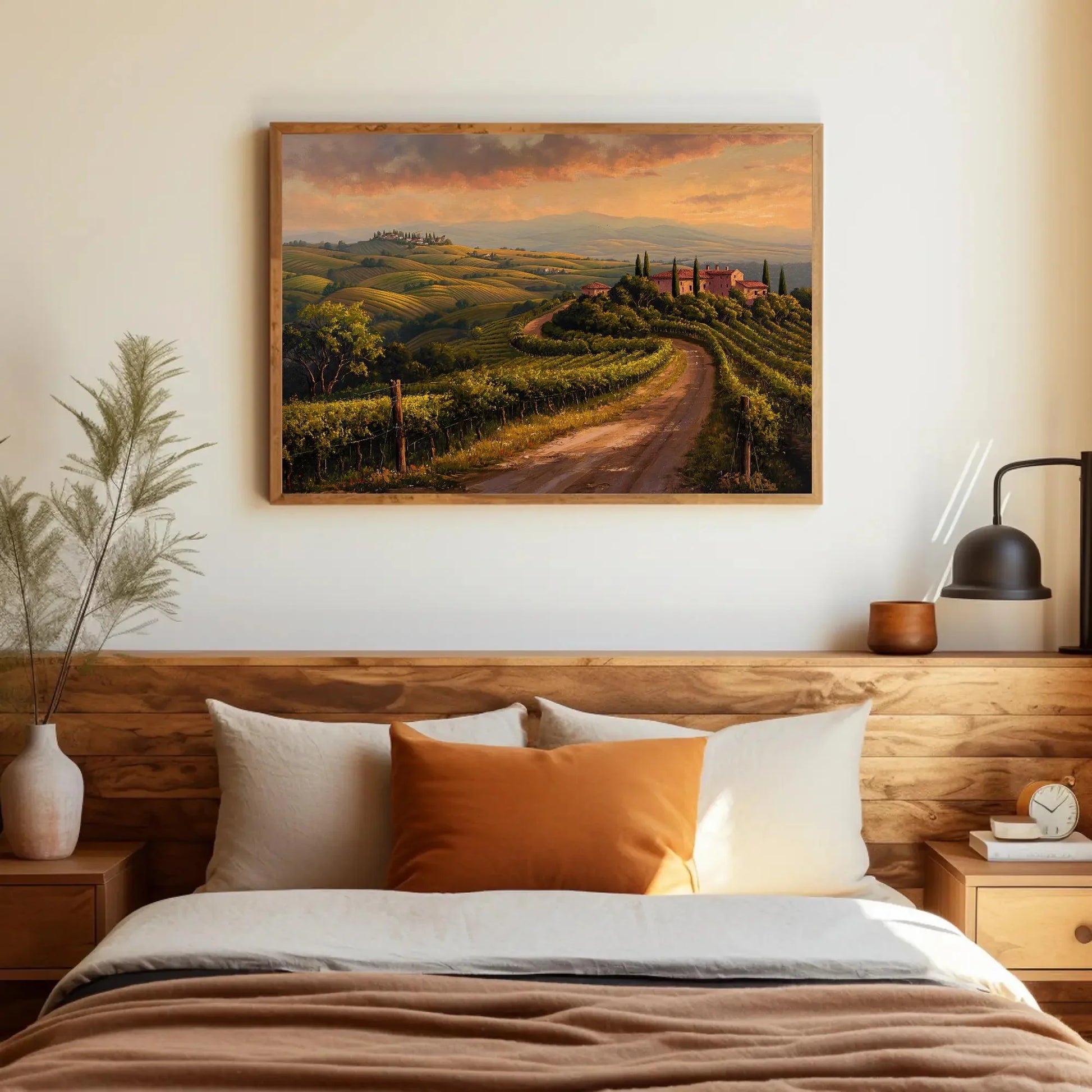 Tuscany landscape canvas wall art print with vineyards and rustic villas for italian countryside decor or cozy kitchen and wine room Wall Art – Canvas Print