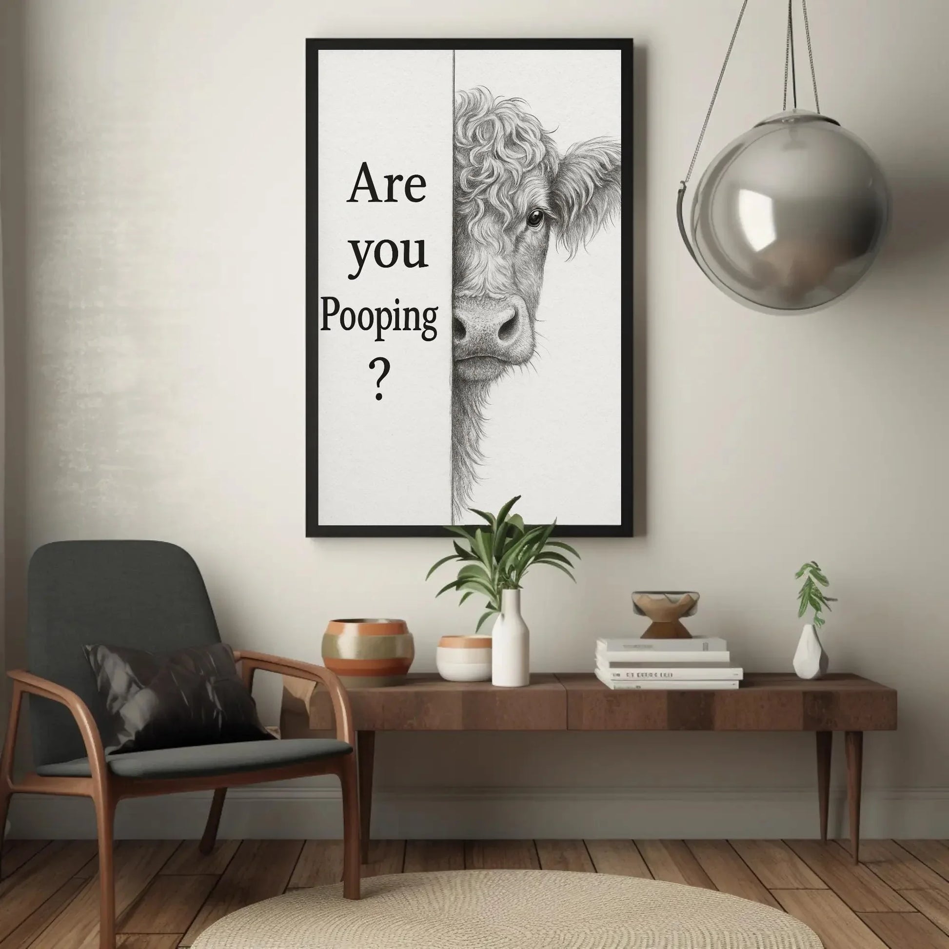 Funny cow bathroom canvas wall art print for farmhouse toilet decor or rustic powder room with are you pooping quote and sketch Wall Art – Canvas Print