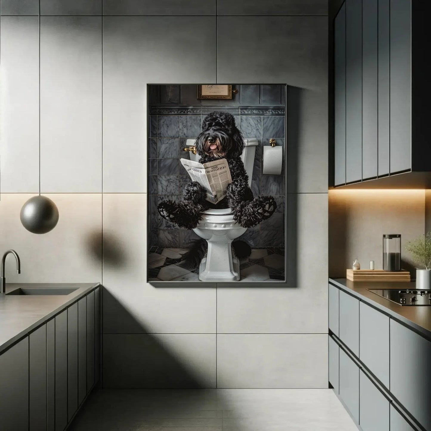 Black doodle dog sitting on toilet reading newspaper canvas print, toilet humor, bathroom art, anniversary gift, restroom decor, funny gift Wall Art – Canvas Print