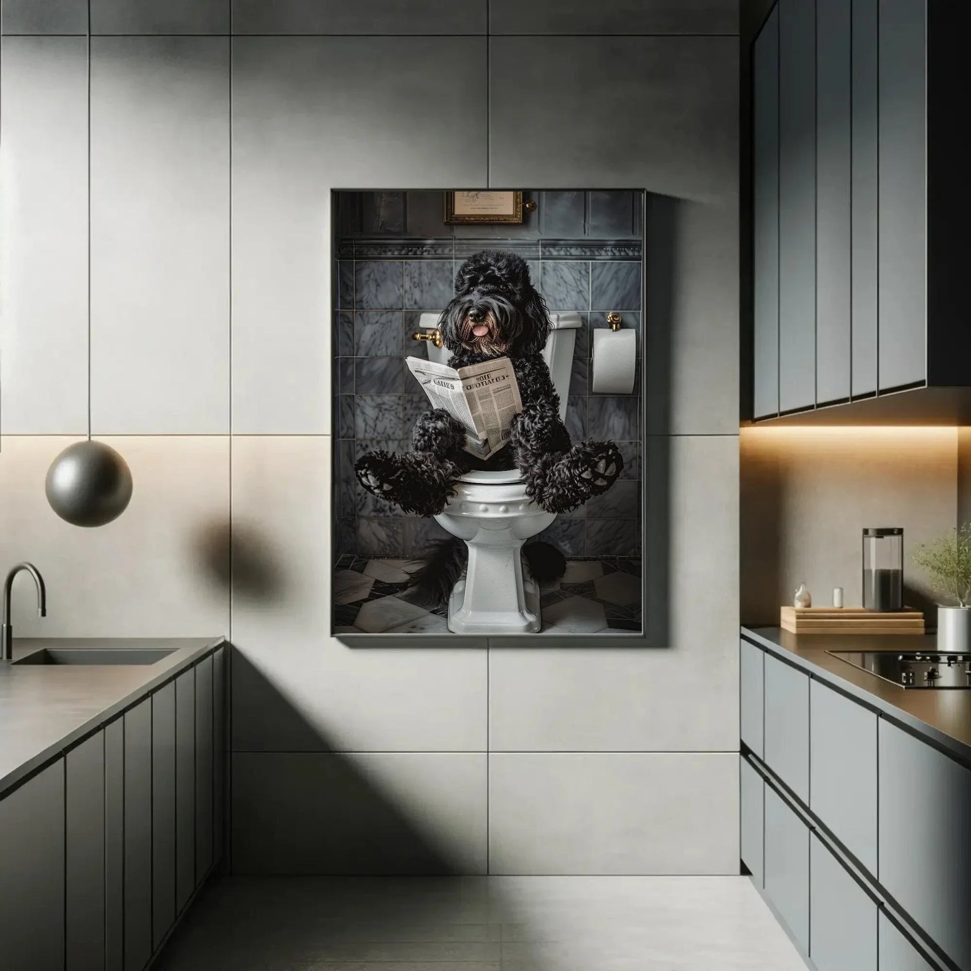 Black doodle dog sitting on toilet reading newspaper canvas print, toilet humor, bathroom art, anniversary gift, restroom decor, funny gift Wall Art – Canvas Print