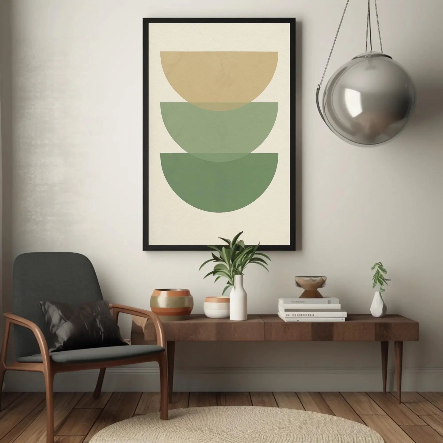 Minimalist green beige canvas wall art print for modern boho home or Scandinavian decor with abstract layered half circle design Wall Art – Canvas Print
