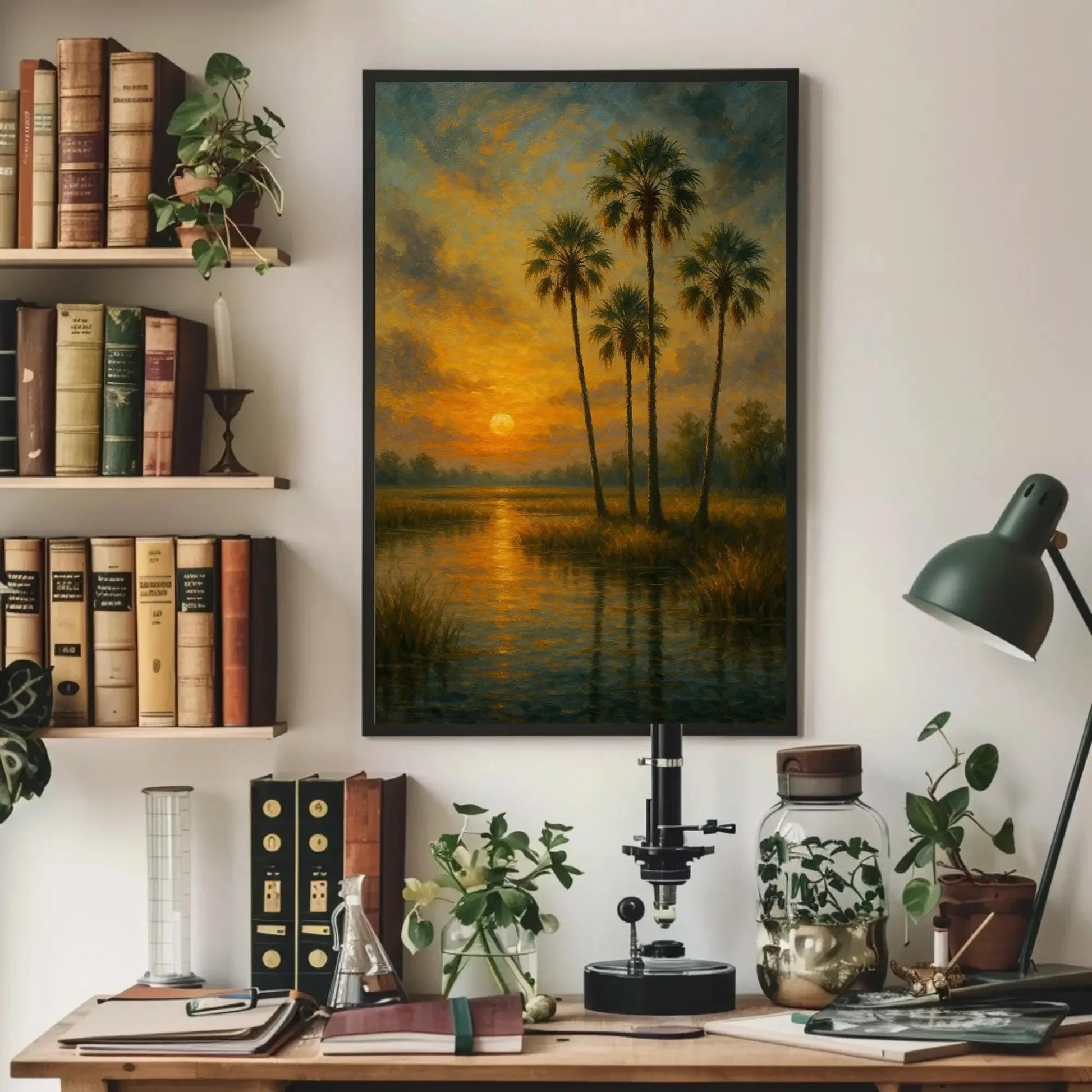 Tropical palm tree sunset canvas painting wall art for beach house or calming bedroom decor with golden marsh and glowing water print Wall Art – Canvas Print