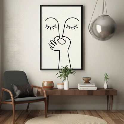 Minimalist abstract shh face canvas wall art print for modern bedroom or meditative quiet decor with eyes closed hand silence symbol Wall Art – Canvas Print