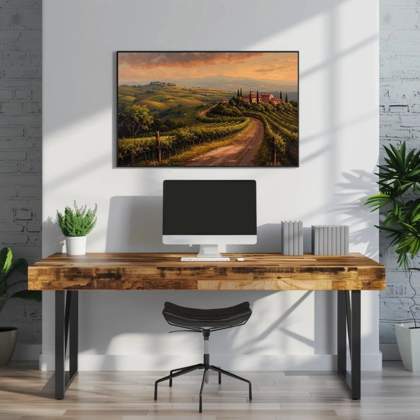 Tuscany landscape canvas wall art print with vineyards and rustic villas for italian countryside decor or cozy kitchen and wine room Wall Art – Canvas Print