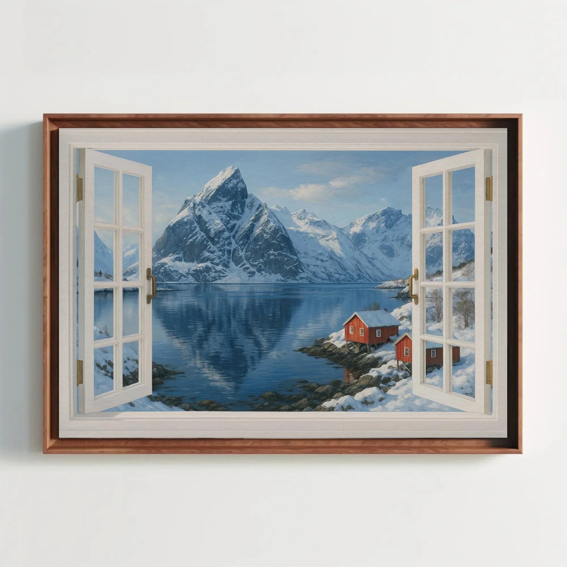 Norwegian fjord winter open window view canvas wall art print for mountain cabin or Scandinavian home featuring snow and red cabins Wall Art – Canvas Print