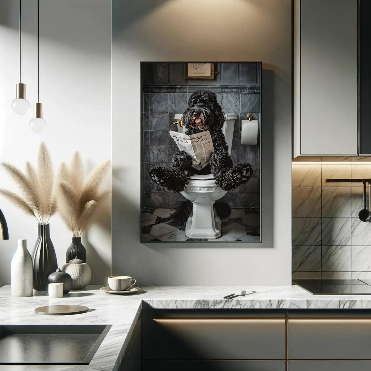 Black doodle dog sitting on toilet reading newspaper canvas print, toilet humor, bathroom art, anniversary gift, restroom decor, funny gift Wall Art – Canvas Print