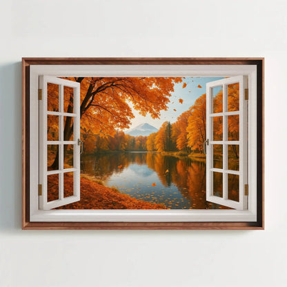 Mount Fuji autumn lake open window view canvas wall art print for seasonal Japanese decor and fall landscape nature lovers room Wall Art – Canvas Print