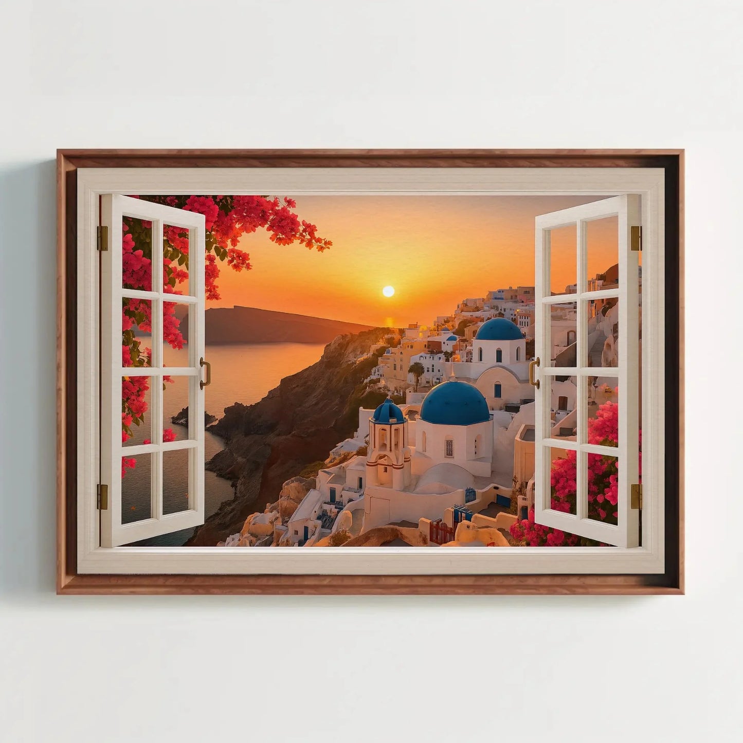 Santorini sunset open window view canvas wall art print of Greek domes and sea for romantic travel inspired decor or coastal room design Wall Art – Canvas Print