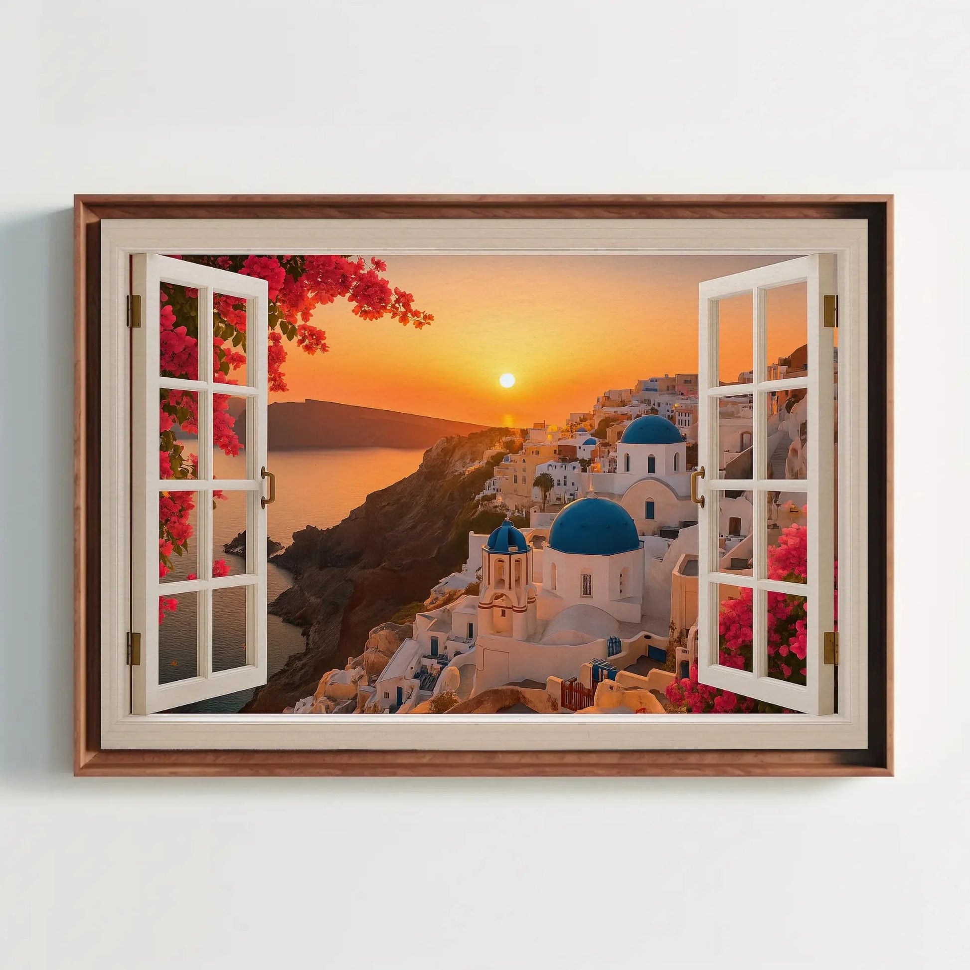 Santorini sunset open window view canvas wall art print of Greek domes and sea for romantic travel inspired decor or coastal room design Wall Art – Canvas Print