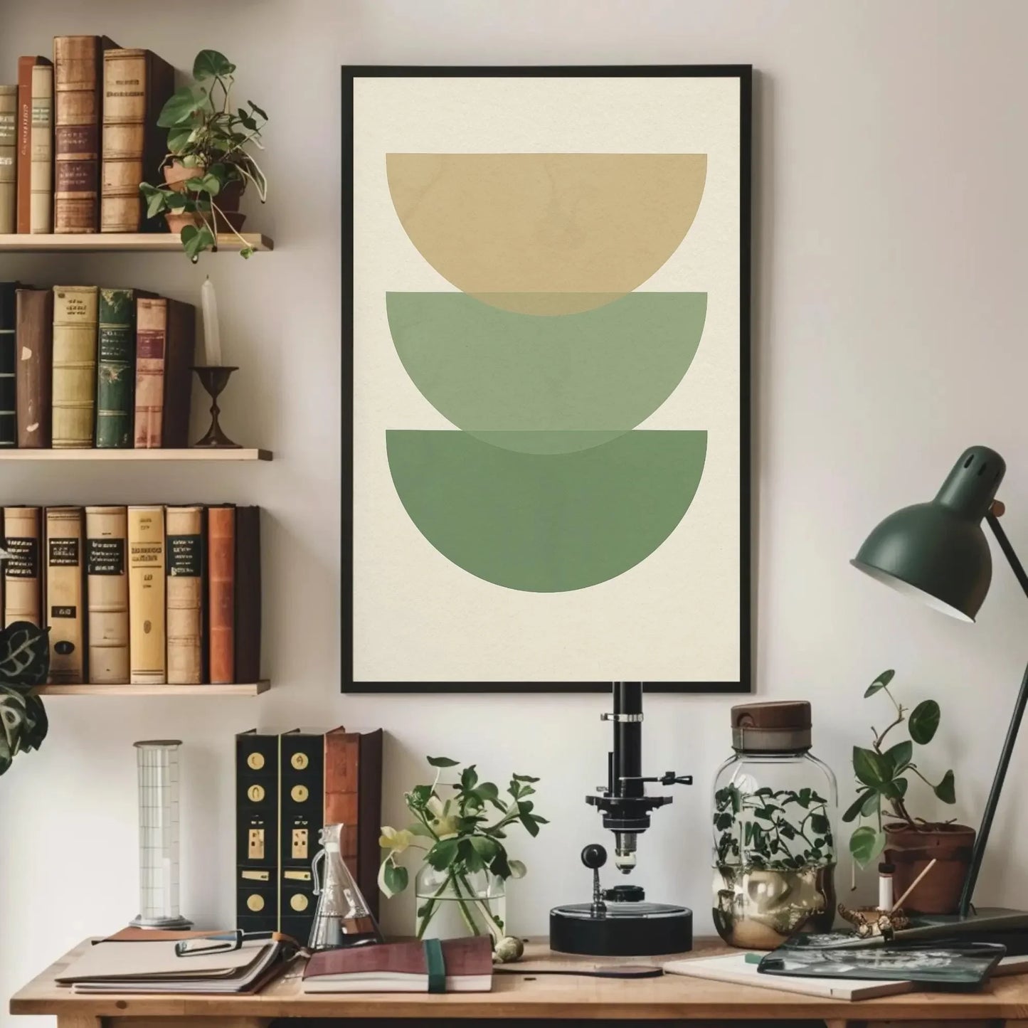 Minimalist green beige canvas wall art print for modern boho home or Scandinavian decor with abstract layered half circle design Wall Art – Canvas Print