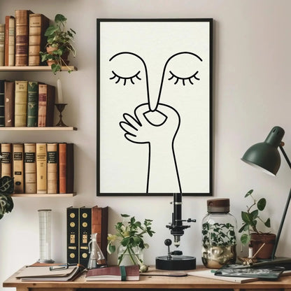 Minimalist abstract shh face canvas wall art print for modern bedroom or meditative quiet decor with eyes closed hand silence symbol Wall Art – Canvas Print