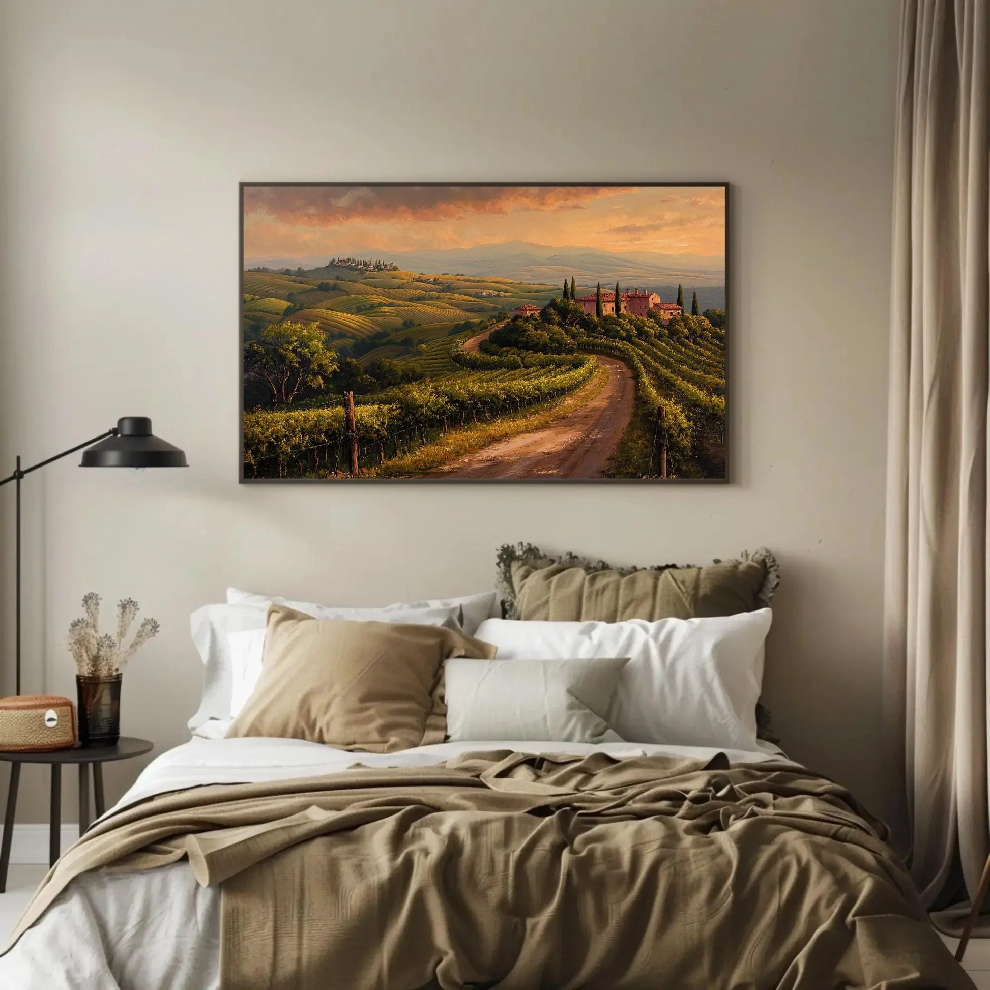 Tuscany landscape canvas wall art print with vineyards and rustic villas for italian countryside decor or cozy kitchen and wine room Wall Art – Canvas Print