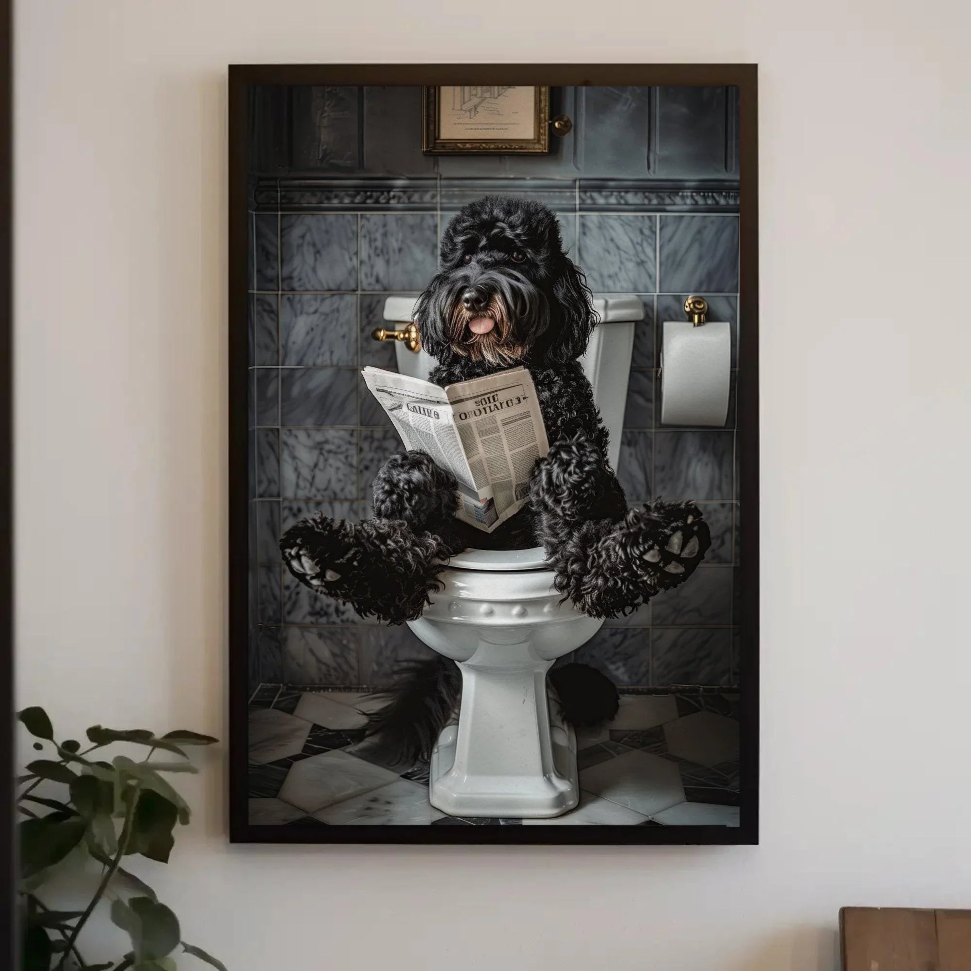 Black doodle dog sitting on toilet reading newspaper canvas print, toilet humor, bathroom art, anniversary gift, restroom decor, funny gift Wall Art – Canvas Print